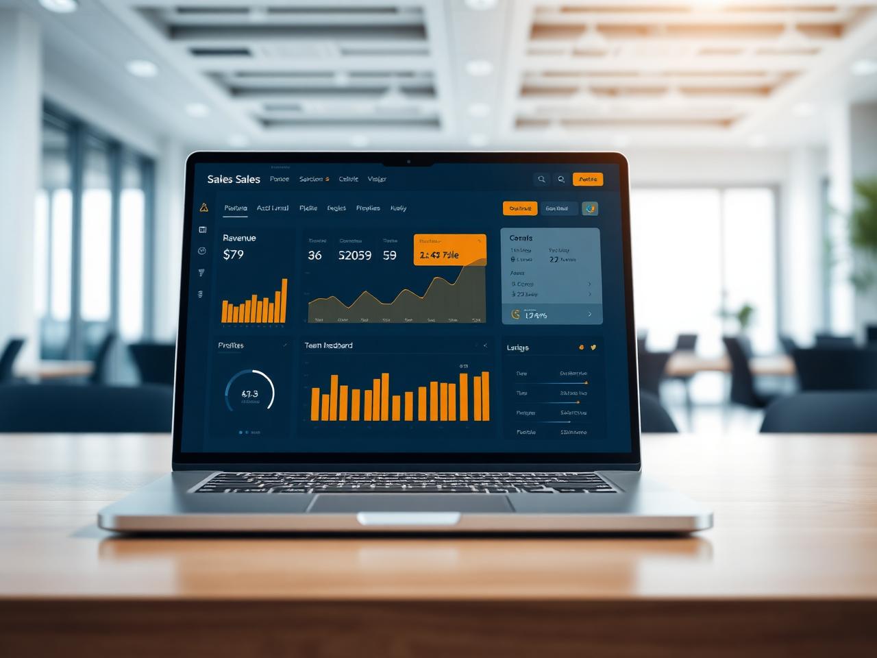 Sales performance tracking dashboard with revenue charts and team leaderboard